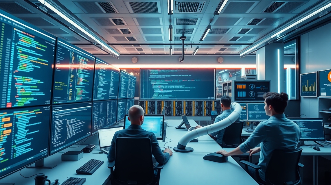 Trojica odborníkov pracuje v modernom dátovom centre s viacerými obrazovkami.