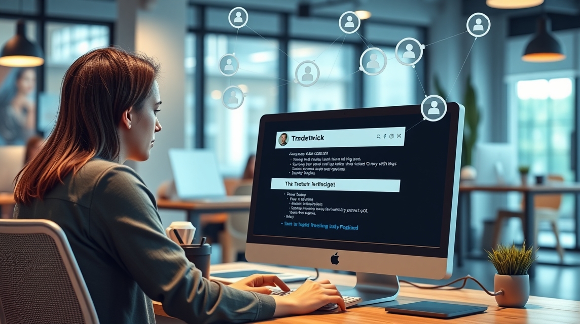 Žena sedí pri počítači v modernom kancelárskom prostredí a pracuje online.