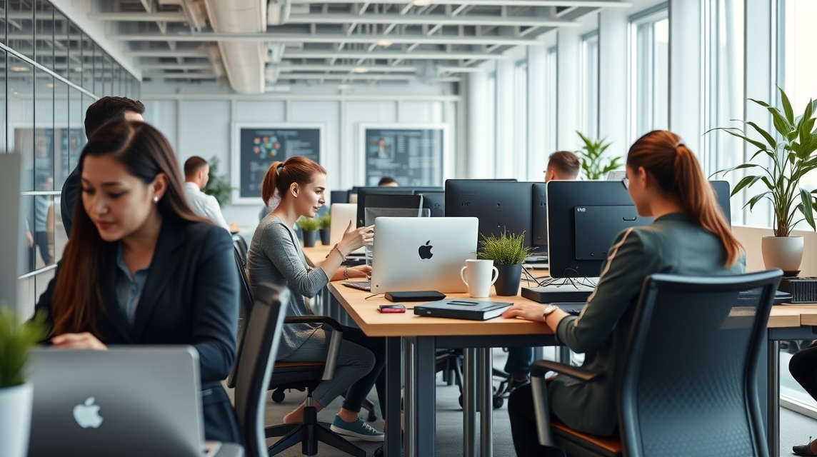 Moderná kancelária s pracovníkmi pri počítačoch a rastlinami na stoloch.