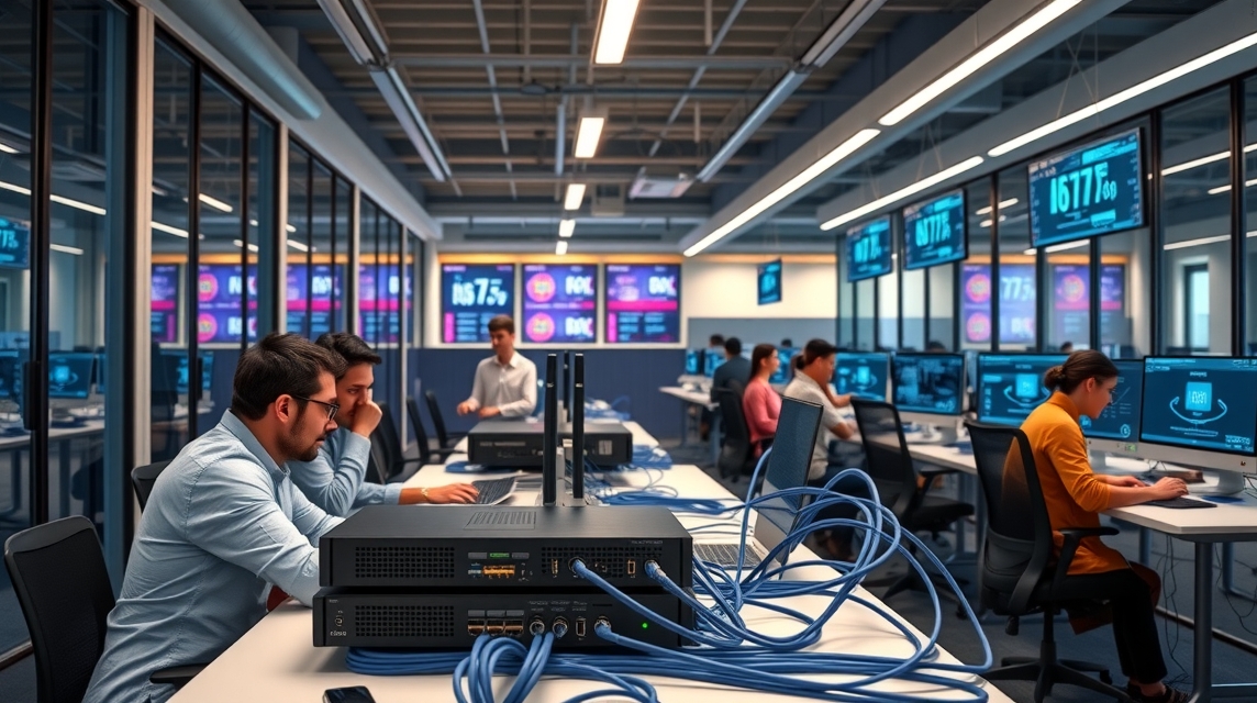 Moderná kancelária s pracovníkmi pri počítačoch a monitoroch s dátami.