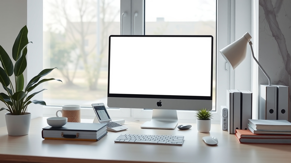 Moderný pracovný stôl s počítačom, rastlinou a šálkou kávy.