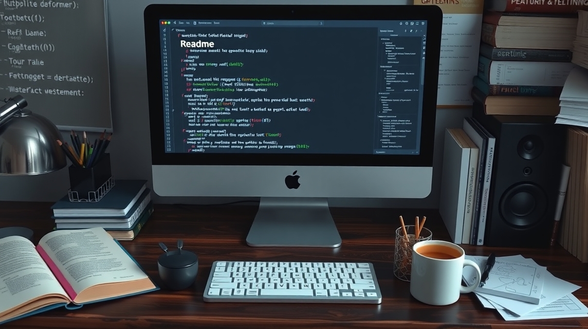 Počítač s kódom na obrazovke, knihy a šálka kávy na stole.