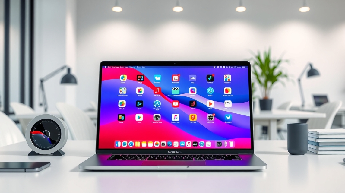 Moderný laptop s farebnou obrazovkou a aplikáciami na pracovnom stole.