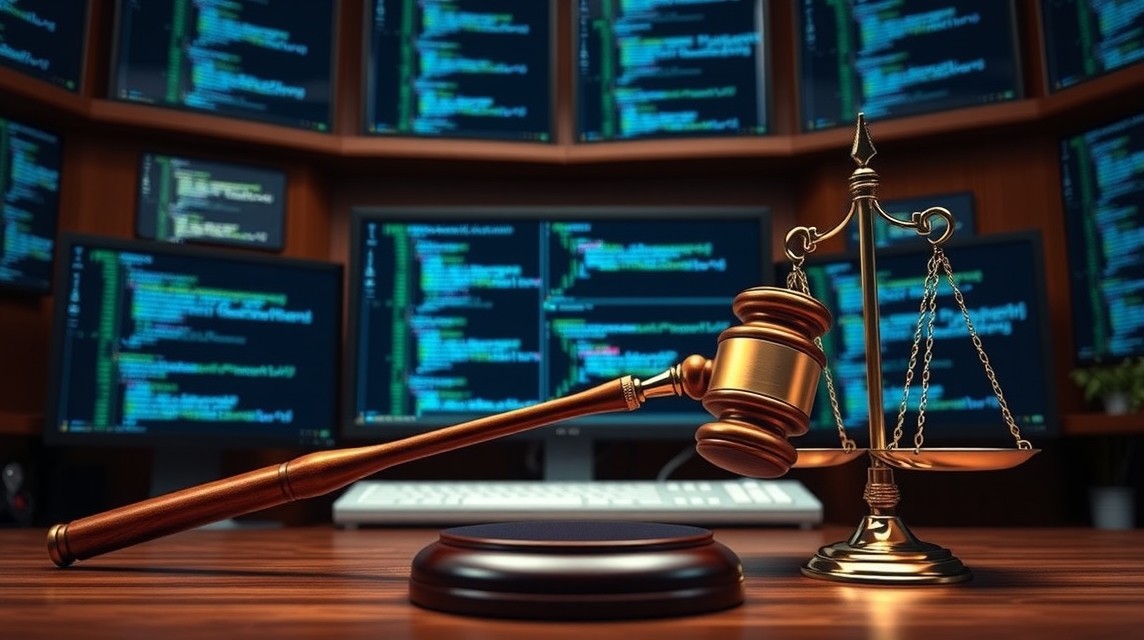 Na stole je súdny kladivo a váhy spravodlivosti pred obrazovkami s kódmi.