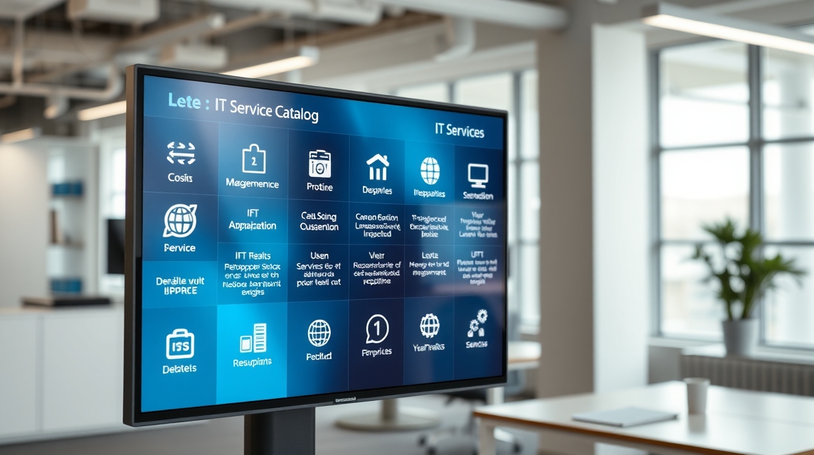 Obrazovka s IT službami a katalógom služieb v modernom kancelárskom prostredí.
