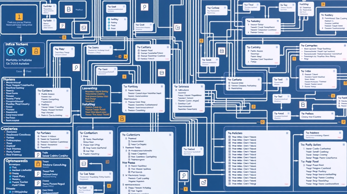 Diagram znázorňuje komplexné prepojenia medzi rôznymi kategóriami a procesmi.