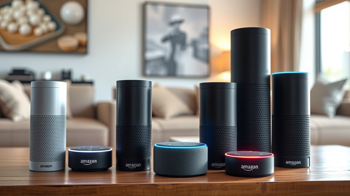 Rôzne modely Amazon Echo reproduktorov na drevenom stole v obývačke.