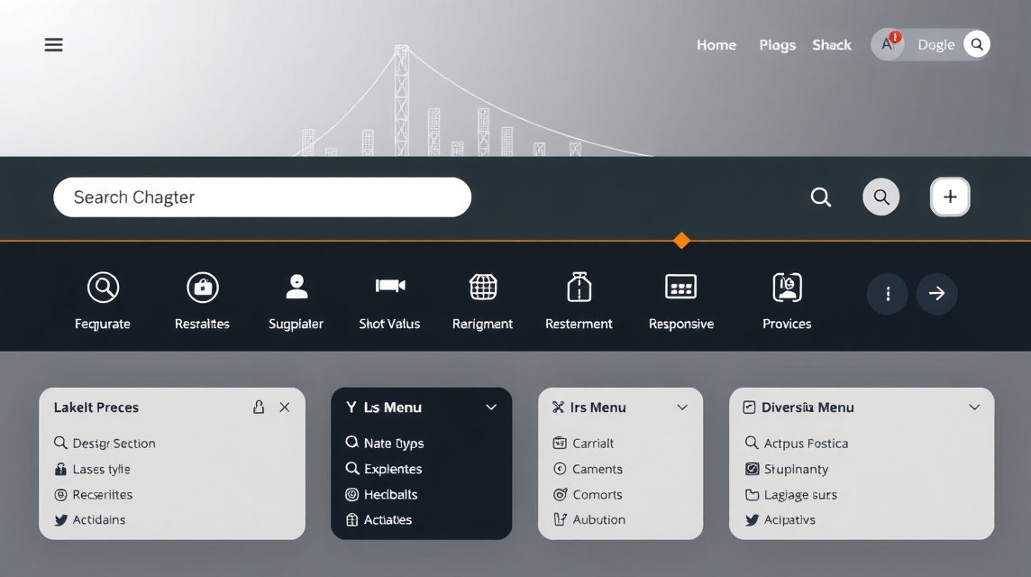 Moderná webová stránka s vyhľadávacím panelom a navigačnými položkami.