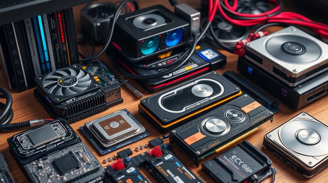 Rôzne počítačové komponenty a príslušenstvo rozložené na stole.