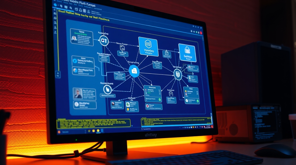 Monitor zobrazuje diagram s prepojeniami medzi rôznymi softvérovými nástrojmi a funkciami.