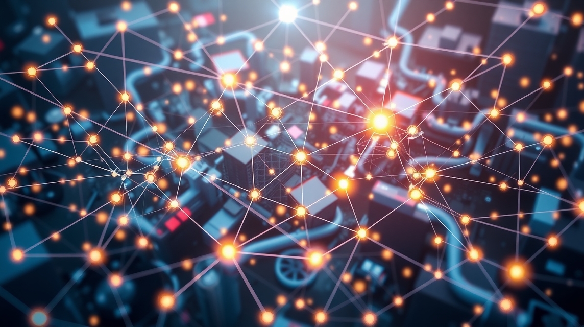 Abstraktná vizualizácia prepojených uzlov a hál, reprezentujúca technológiu a dátové siete.