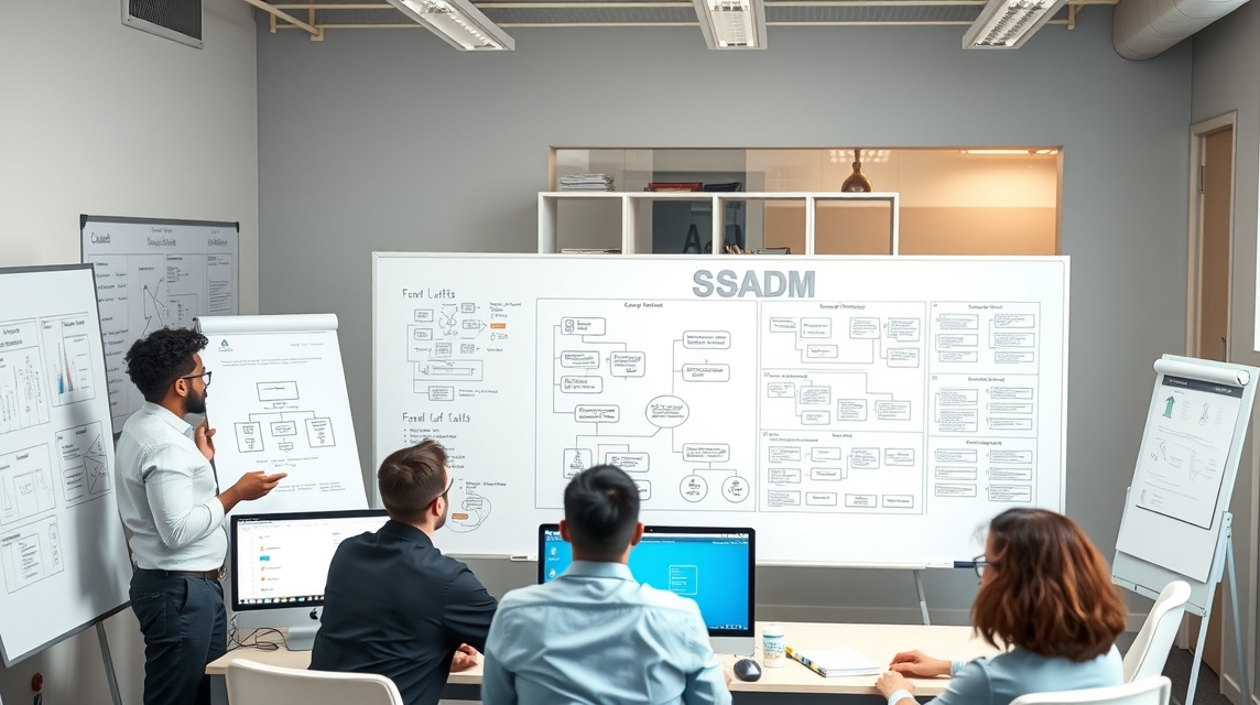 Tím prezentuje diagramokat és folyamatábrákat egy értekezleten.
