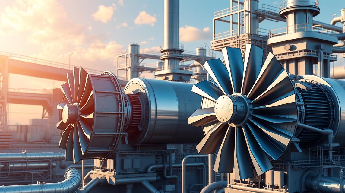 Detailný pohľad na turbínu v priemyselnom prostredí s potrubím a zariadeniami.