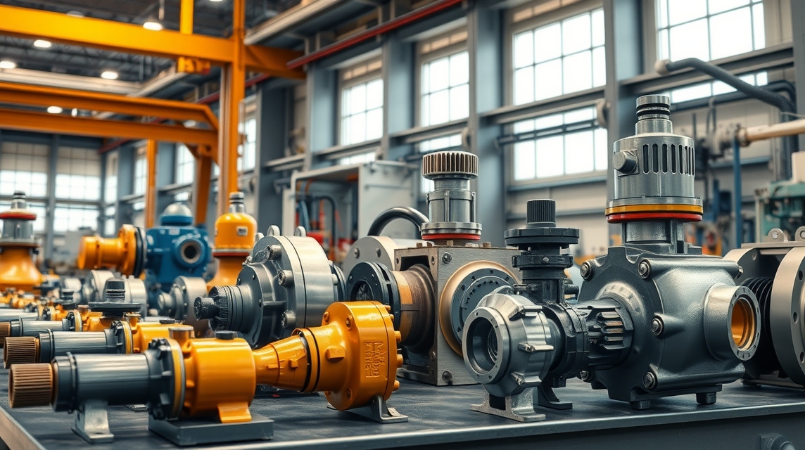 Rôzne priemyselné čerpadlá a komponenty usporiadané na pracovnej ploche.