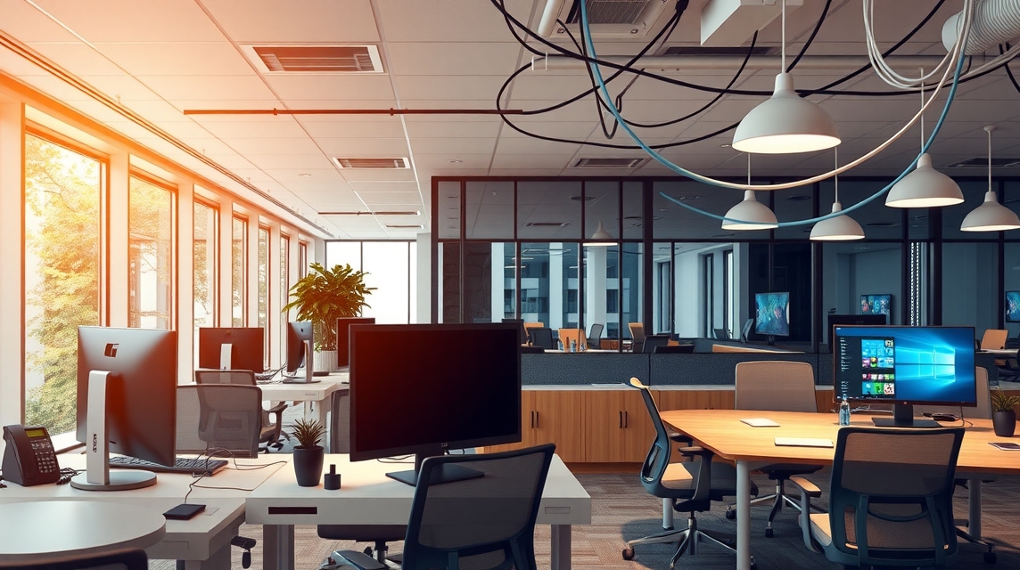 Moderné kancelárske prostredie s počítačmi a prírodným svetlom.