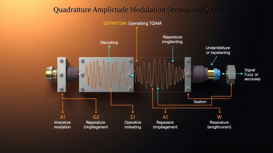Schéma znázorňujúce princíp kvadratury amplitúdovej modulácie (QAM) s označením komponentov.