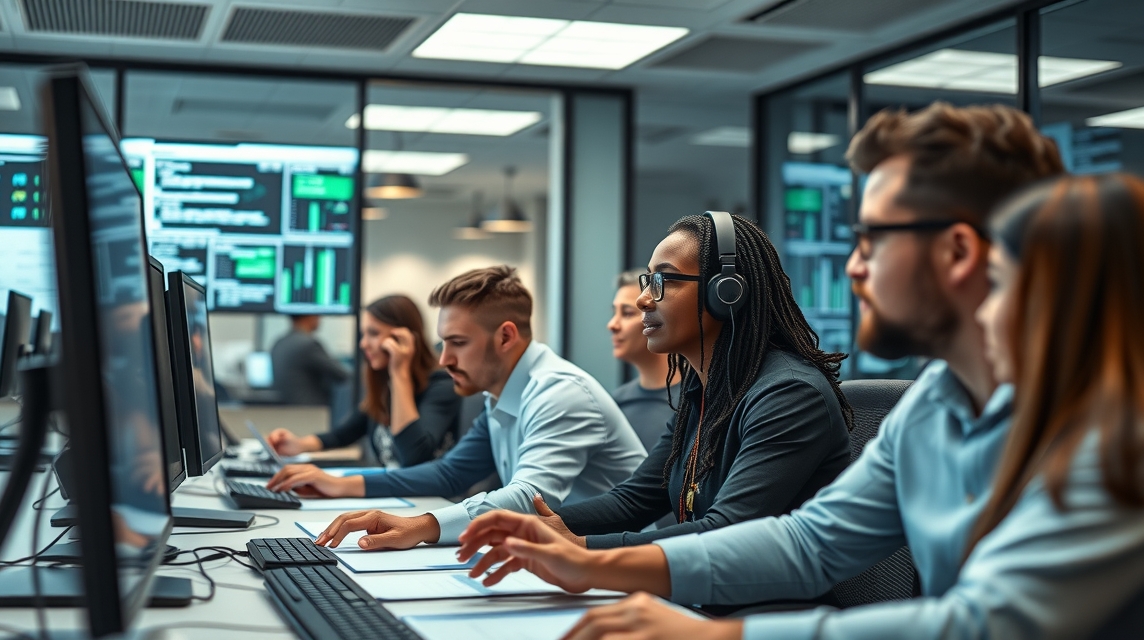 Skupina profesionálov pracuje számítógépeken egy modern irodában.