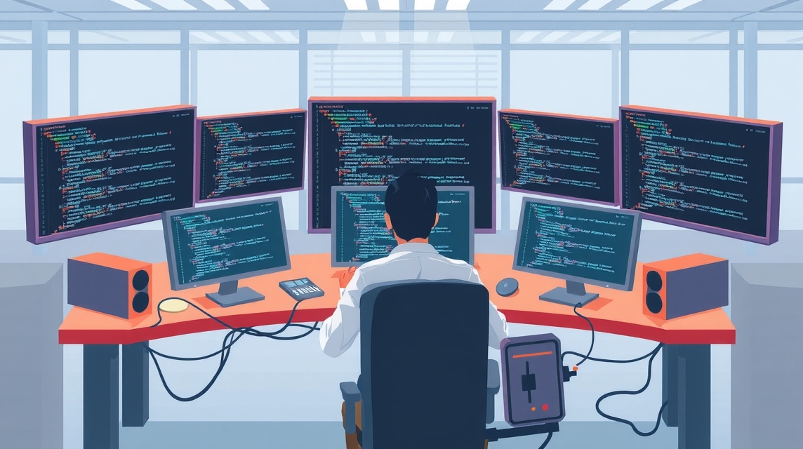 Programátor ül a számítógép előtt, több monitorral, kódokat írva.