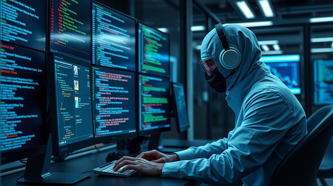 Osoba v kapuci a slúchadlách pracuje na viacerých monitoroch s kódovaním.