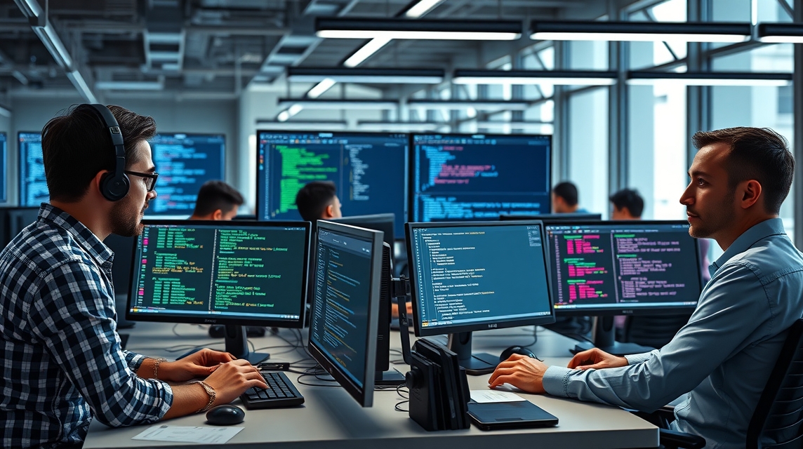 Dva programátori dolgoznak számítógépeken, háttérben kódok láthatók.