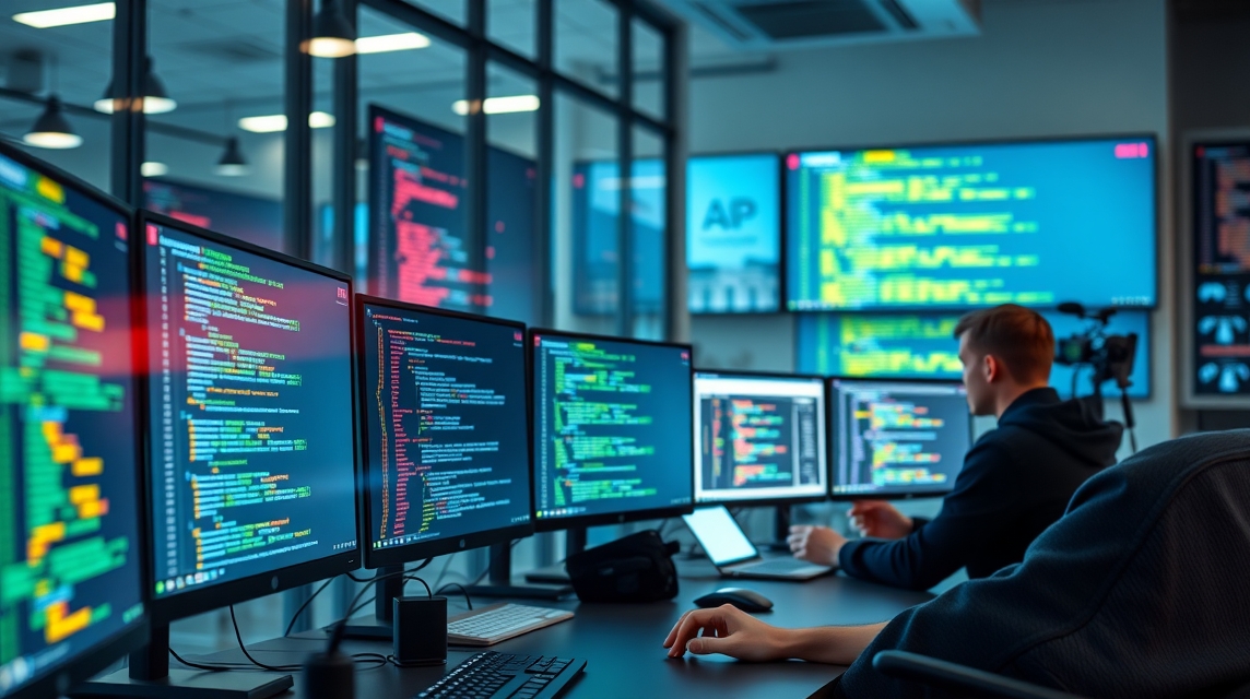 Programátorok dolgoznak több monitor előtt, kódot írva és elemzéseket végezve.