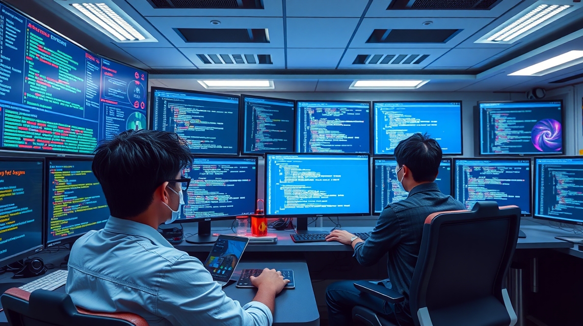 Dva programátora dolgoznak több monitor előtt, kódot írnak és elemzik az adatokat.