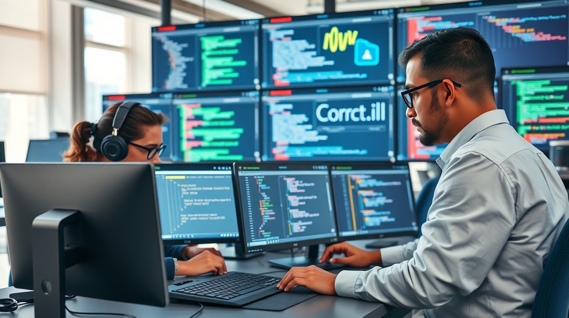 Dva programátori dolgoznak számítógépeken, kódokkal teli képernyők előtt.