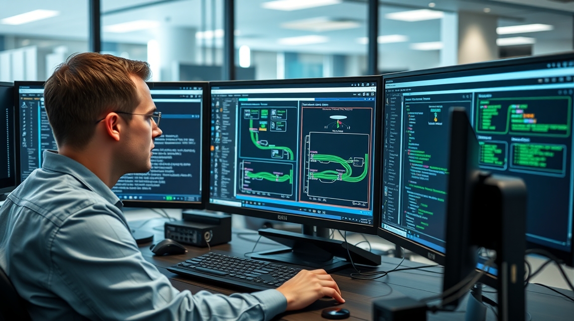 Muž pracuje na viacerých monitoroch, programovanie a analýza dát.