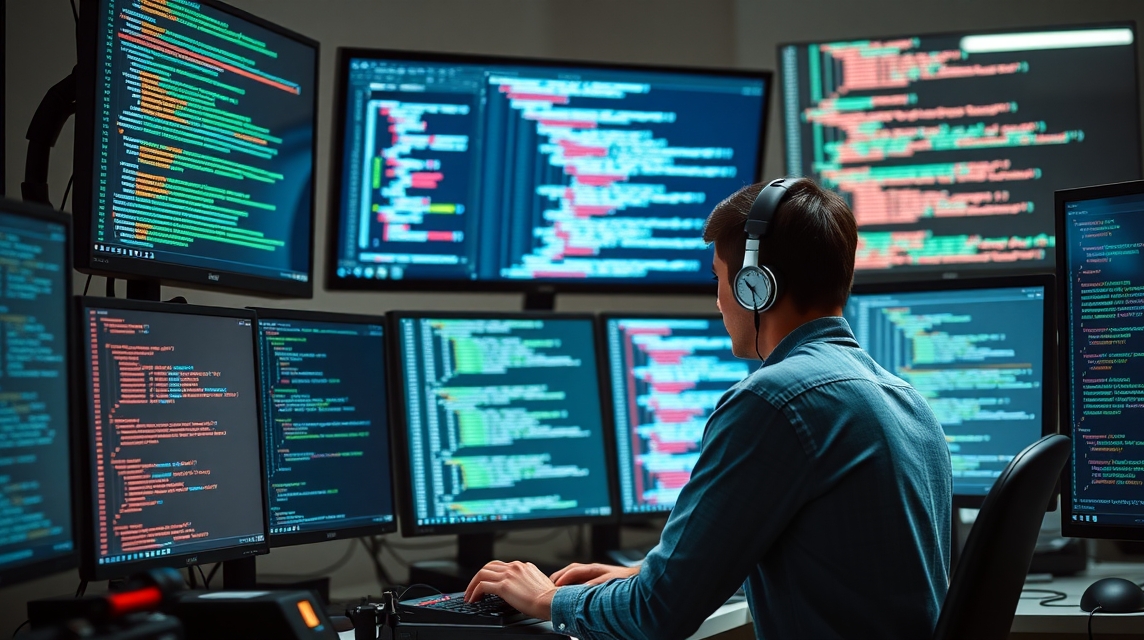 Mladý programátor pracuje na viacerých monitoroch s kódom a analýzou dát.