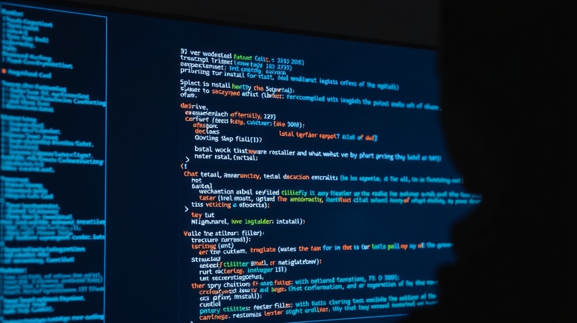 Obrazovka počítača so zobrazeným kódom a programovacím textom.
