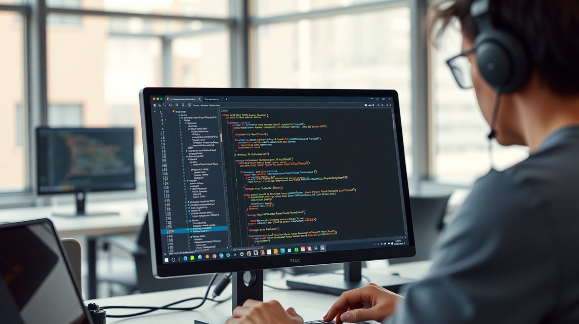 Osoba programuje kód na počítači s dvoma obrazovkami a slúchadlami.