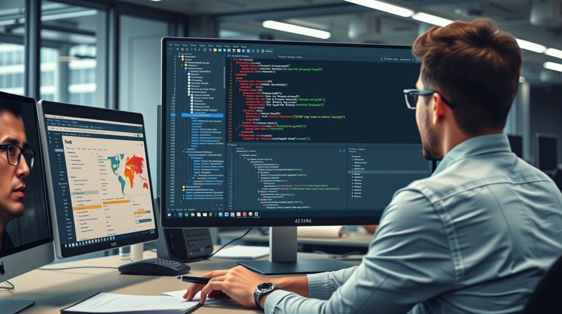 Muž sediaci pred dvoma monitormi, programujúci s kódom na obrazovke.