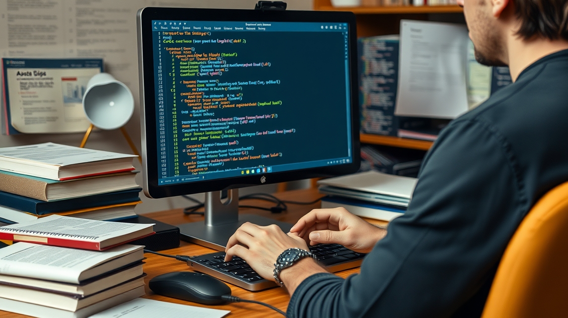 Muž programuje a kóduje na počítači, okolo sú knihy a dokumenty.