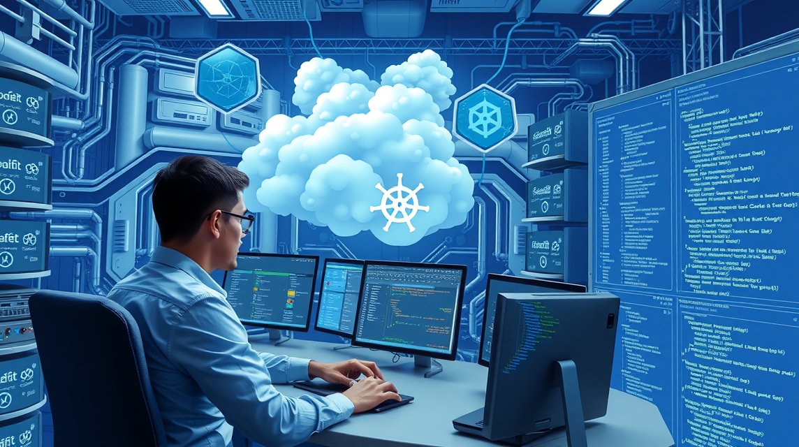 Muž programuje a monitorozza cloudové služby na viacerých obrazovkách.