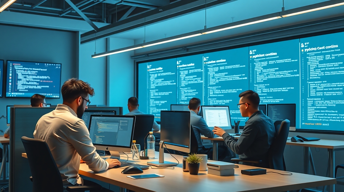 Programátori dolgoznak számítógépeken egy modern irodában, háttérben kódokkal.