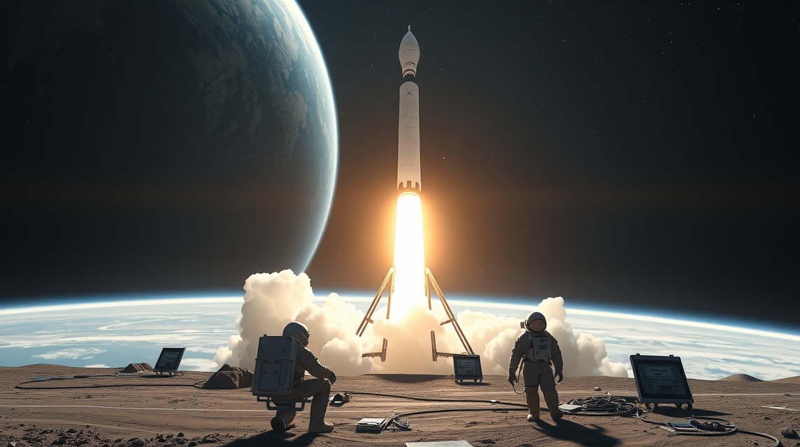 Astronauti pozorujú raketu, ktorá étericky vzlieta z povrchu Mesiaca.