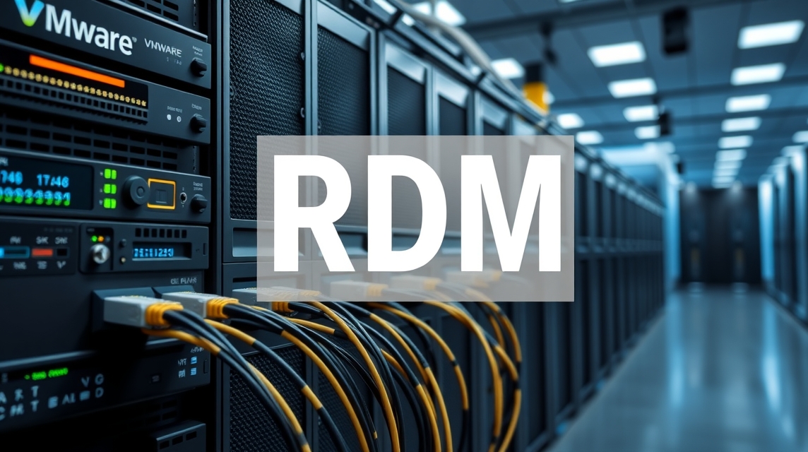 Serverová miestnosť s káblami a zariadeniami, zameraná na RDM technológiu.