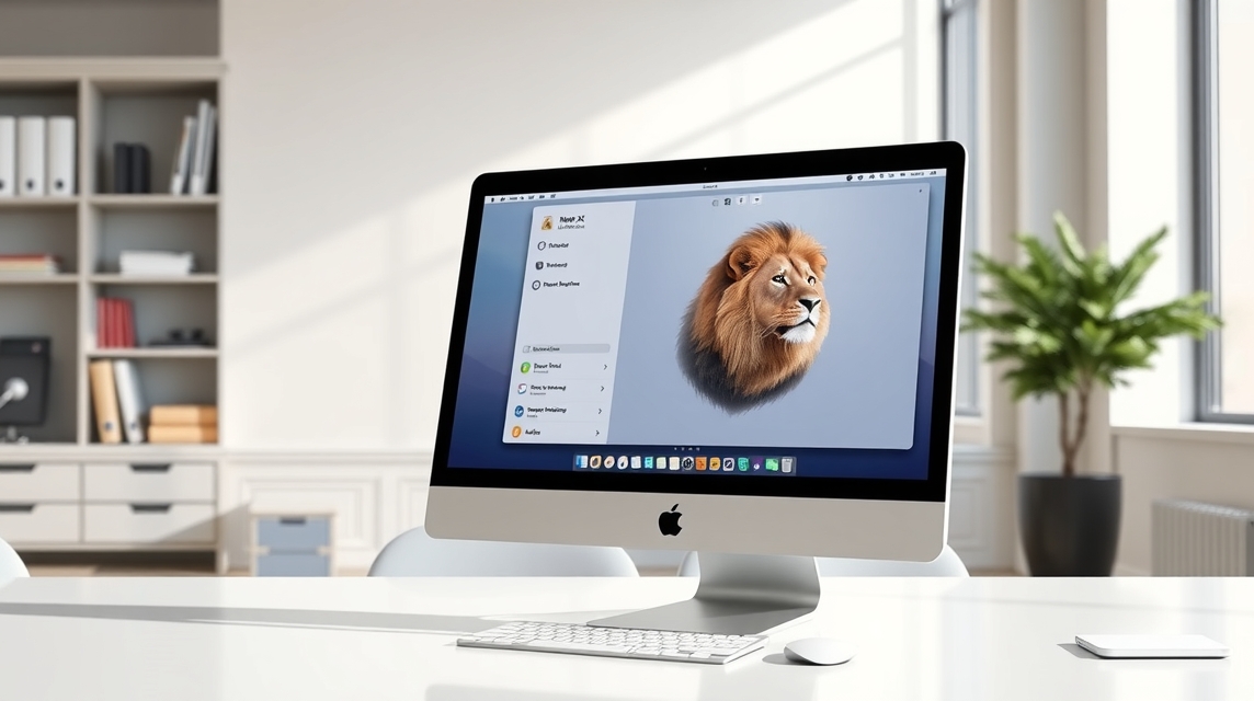 Počítač s obrazovkou zobrazuje realistický portrét leva v modernom kancelárskom prostredí.