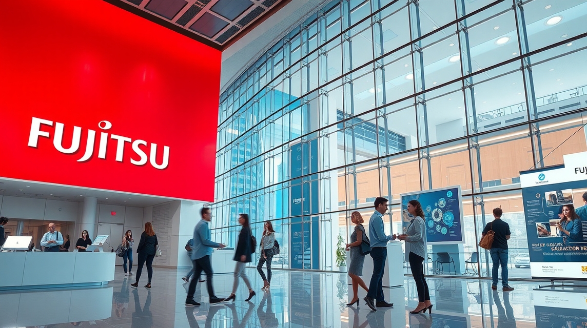 Moderná recepcia spoločnosti Fujitsu s zamestnancami a návštevníkmi.