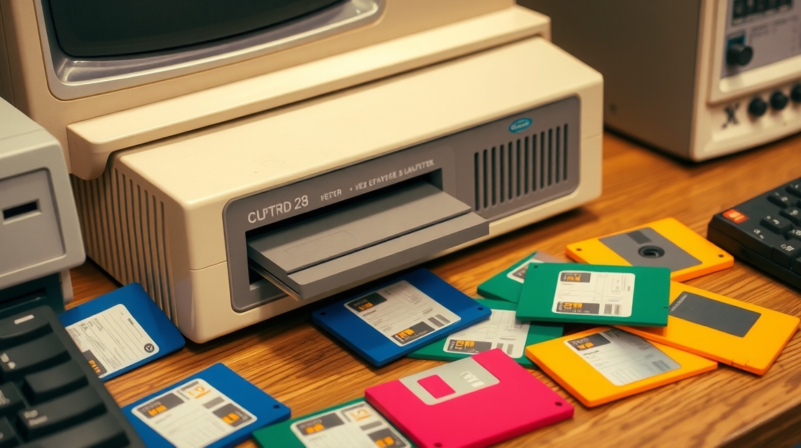 Starý počítač s disketovou mechanikou a farebnými disketami okolo.