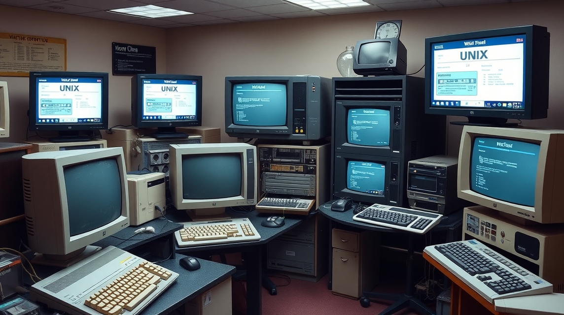 Staré počítače a monitory s UNIX rozhraním v technickej miestnosti.