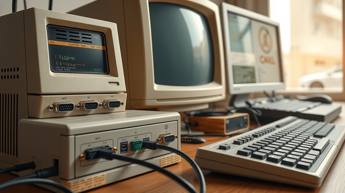 Starý počítač s monitormi a klávesnicou na stole, zobrazuje text na obrazovke.