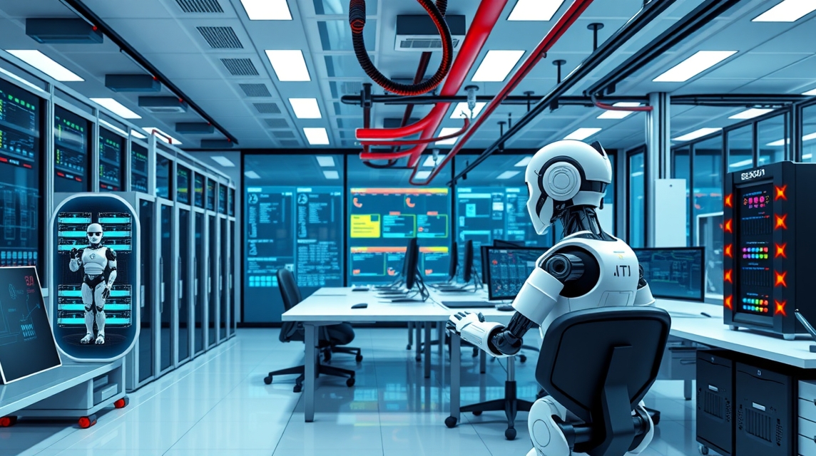 Robot pracujúci v modernom dátovom centre s počítačmi a obrazovkami.