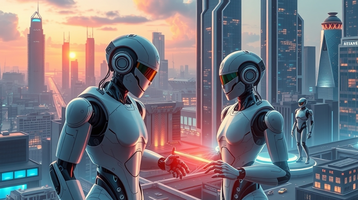 Dva humanoidní roboti se setkávají na střeše moderní budovy při západu slunce.