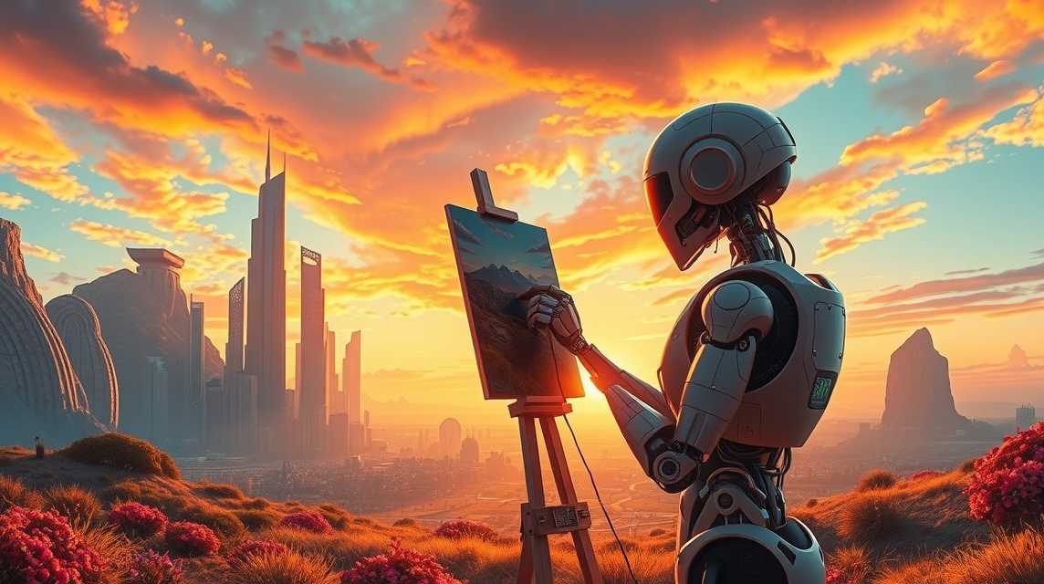 Robot maľuje krajinu naproti futuristickému mestu pri západe slnka.