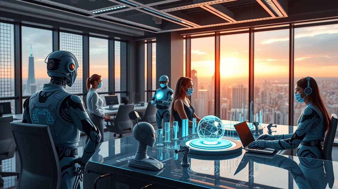 Skupina robotov a ľudí v modernom kancelárskom prostredí s technológiou.