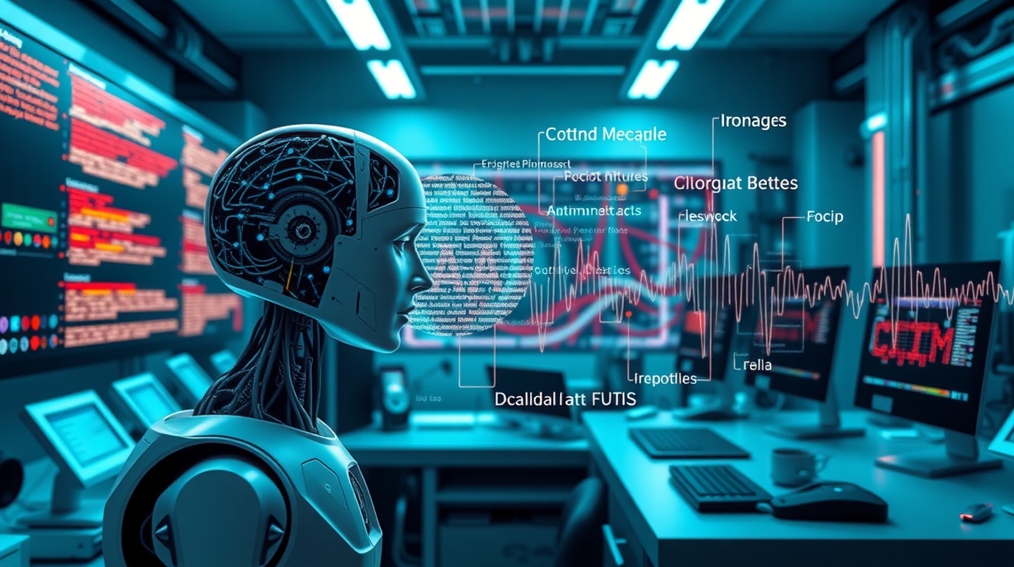 Robotická hlava s komplexným vnútorným mechanizmom v technologickej miestnosti.