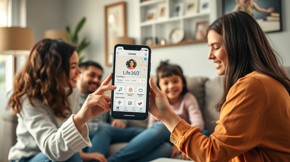 Rodina sedí v obývacej izbe a sleduje aplikáciu Life360 na mobile.