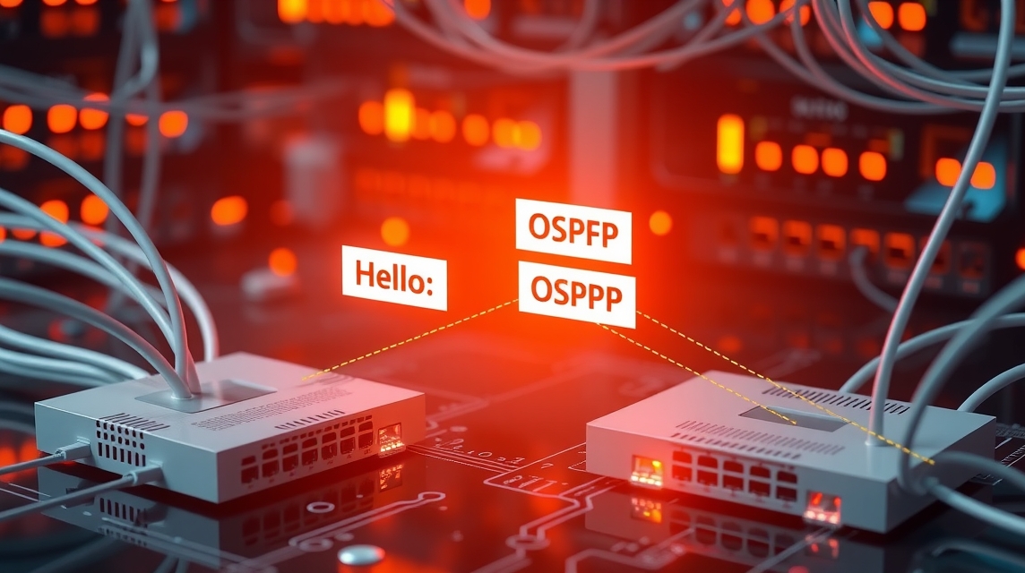 Dva router s pripojenými káblami, na obrazovke sú zobrazené protokoly OSPF.