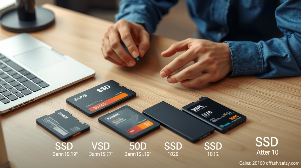 Na stole sú rôzne SSD disky a externé úložné zariadenia, vedľa laptopu.